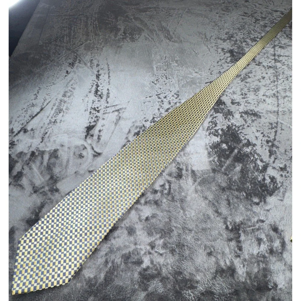 Foggia Mens Silk Tie Navy Gold Yellow Geometric Checkerboard Handmade Necktie
